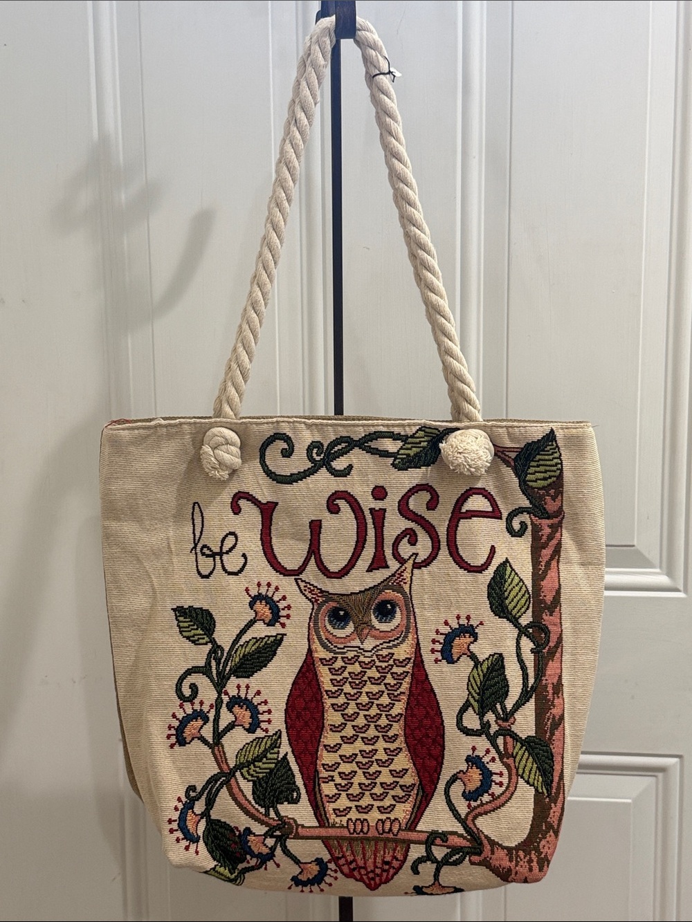 NWOT Be Wise Owl Embroidered Canvas Tote Bag Rope Handle Pom Pom Beach Shopper